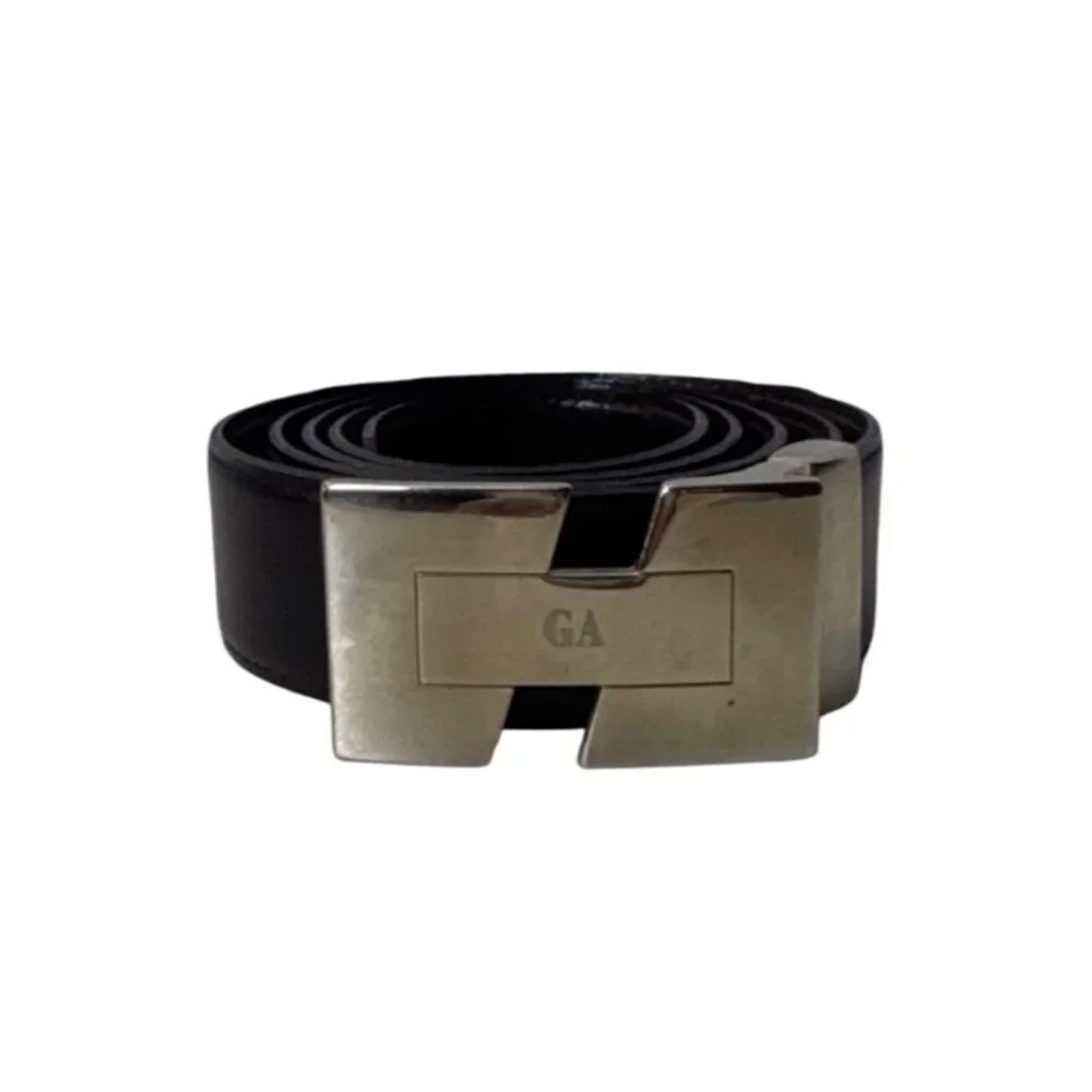 Giorgio Armani Black Leather Belt With Silver Buckle Logo Design Made In Italy